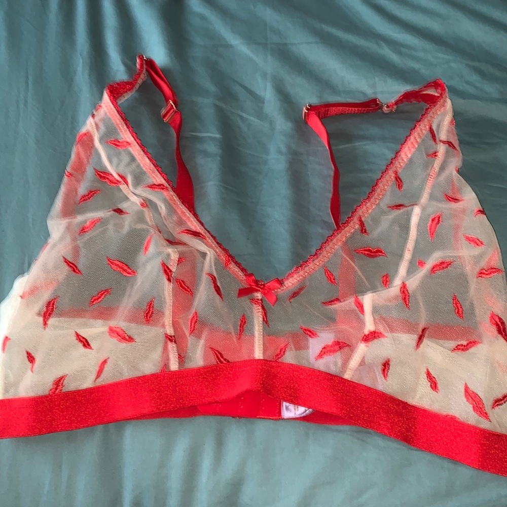 Sheer nude with red lips, bralette